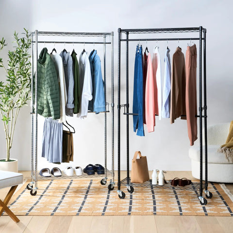Heavy Duty Chrome Rolling Clothes Rack With Double Hanging Rods And Adjustable Swing Arms Super Roomy Closet Organizer That Rolls Smooth To Keep Your Wardrobe Tidy And Stress Free