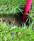 Siphon King 24 Inch Hand Transfer Pump With 36 Inch Hose in use, removing water from a grassy pit; visible red pump handle.