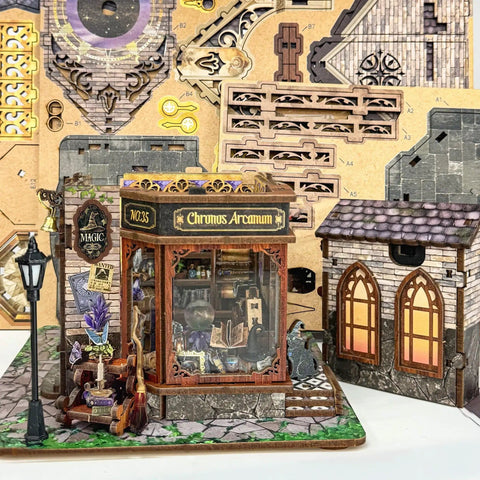 Miniature Book Nook Kit For Adults Time Magic Club Edition 3D Wooden Puzzle House Decor with glowing clock shop scene