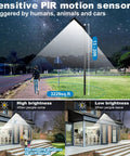 Beefy 400W Solar Street Light Dusk To Dawn With Motion Sensor Remote IP67 Waterproof illustrating sensitivity range and brightness