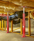 Beefy Basement Floor Jack 19 To 36 Inch Adjustable Support Beam Post For Home Lifts Joist Bracing Cellar Ceiling Stabilizer Temporary Leveling During Renovations 9700 Lbs Max Capacity Screw Pole in use in a basement with insulation and ductwork