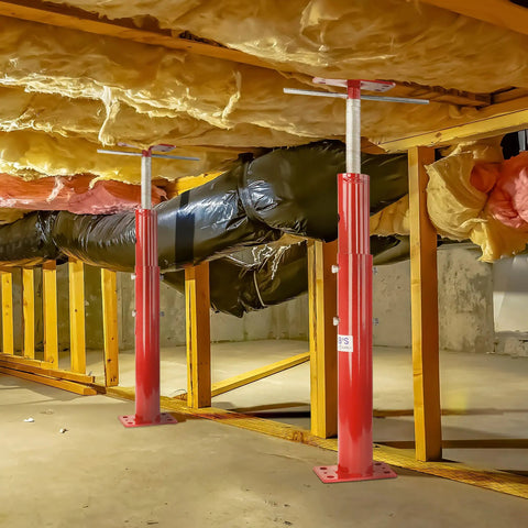 Beefy Basement Floor Jack 19 To 36 Inch Adjustable Support Beam Post For Home Lifts Joist Bracing Cellar Ceiling Stabilizer Temporary Leveling During Renovations 9700 Lbs Max Capacity Screw Pole in use in a basement with insulation and ductwork