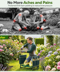 Before and after using the 2In1 Garden Kneeler And Seat With Tool Bag, showing ease of gardening with the stool in dark green color.