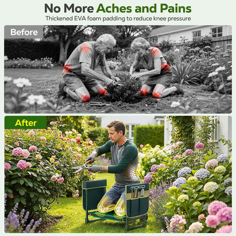 Before and after using the 2In1 Garden Kneeler And Seat With Tool Bag, showing ease of gardening with the stool in dark green color.