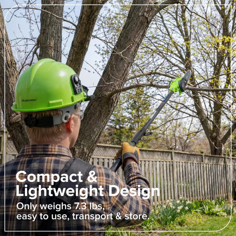 Heavy Duty 24V Brushless Cordless Pole Saw With Eight Inch Guide Bar Cracks Through Thick Limbs And Garden Overhaul Makes Pruning A Total Cinch Includes Rugged Carry Bag For Backyard Titans in use, user pruning tree branches.