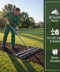 Man using 35 Inch Wide Lawn Leveling Rake With 6.5 Ft Long Handle, Heavy Duty Yard Leveler And Workhorse For Dirt And Sand in a garden
