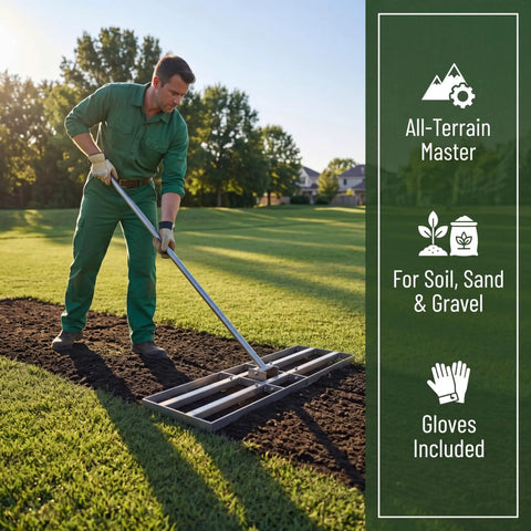 Man using 35 Inch Wide Lawn Leveling Rake With 6.5 Ft Long Handle, Heavy Duty Yard Leveler And Workhorse For Dirt And Sand in a garden