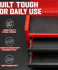 Mini Toolbox With Two Drawers And Top Storage In Durable Steel Smooth Glide Ball Bearing Slides Portable Tool Box Organizer For Garage Workshop School Or Office Use In Red, showcasing open drawers and steel construction features.
