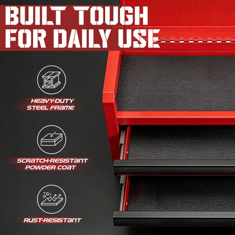 Mini Toolbox With Two Drawers And Top Storage In Durable Steel Smooth Glide Ball Bearing Slides Portable Tool Box Organizer For Garage Workshop School Or Office Use In Red, showcasing open drawers and steel construction features.