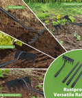 Manual Weeder Tool With 6 Tines Garden Rake And Sharp Blade, 55 Inch Long Handle displayed on soil and lawn.
