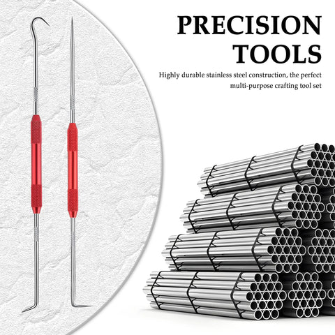 Carbon Steel Hook And Pick Set For Auto Repair, Double Ended Tool With Four Heads, display with red handles and metal rods.
