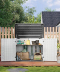 Outdoor Resin Storage Cabinet With 35 Cu Ft Capacity Waterproof Horizontal Shed for garden tools and equipment.