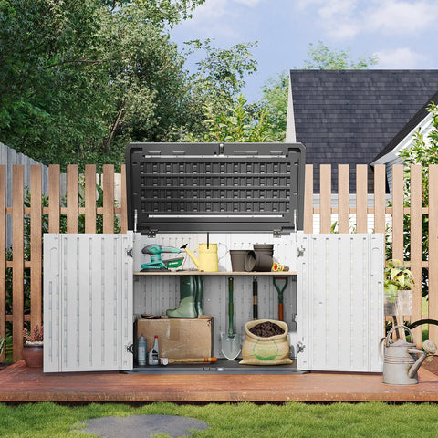 Outdoor Resin Storage Cabinet With 35 Cu Ft Capacity Waterproof Horizontal Shed for garden tools and equipment.