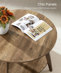 Round Coffee Table With Storage, 2 Tier Center Table, open book, flowers on honey brown top, 31.5 inch diameter, mid century modern style
