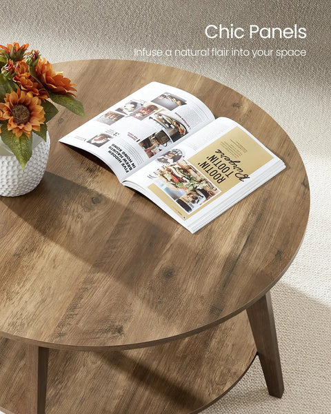 Round Coffee Table With Storage, 2 Tier Center Table, open book, flowers on honey brown top, 31.5 inch diameter, mid century modern style