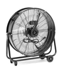 Industrial 24-Inch High Velocity Drum Fan With 215W Motor, heavy-duty metal housing, two wheels, front view