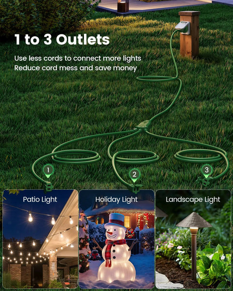 Heavy Duty 25 Foot Outdoor Extension Cord Featuring Three Badass Multiple Outlets And 18 Gauge Weatherproof Construction setup connecting outdoor lights.