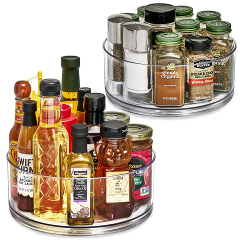 Clear 9 Inch Lazy Susan Organizer Turntable For Spice Cabinet Storage And Kitchen Organization 2 Pack with spices and bottles