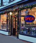 Storefront with holiday decorations and bright LED open sign for business 19 by 10 inch large eye catching electric display board