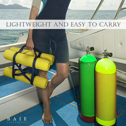 Person on boat carrying a Two Tank Scuba Cylinder Rack With Carrying Handle For Secure Storage And Easy Haul Foam Tube Guards
