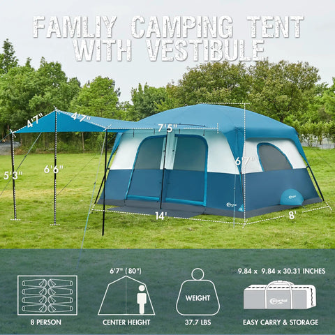 8 Person Family Camping Tent With Porch And Two Room Cabin Weather Resistant Outdoor Tent With Rainfly Easy Setup Standing 80 Inch Height