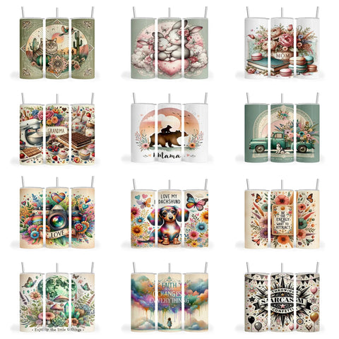 Dope 20 Oz Tumbler Sublimation Wrap Bundle With Ready To Press Transfers For Straight And Skinny Tumblers, 50 Piece Variety Pack, Dual Side Designs, 9.3x8.2 Printing Area, Perfect Sub Transfer Kit, featuring diverse artwork designs