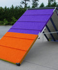 Five Foot Dog Agility A Frame With Rubber Surface On Aluminum Support Panels In Purple And Orange One Person Setup