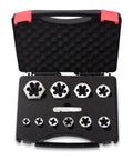 Beefy 11 Piece UNC Hex Die Set For Rethreading Carbon Steel In Black Box With Handle Includes Screw Gauge Sizes One Quarter Inch Five Sixteenths Three Eighths Seven Sixteenths One Half Nine Sixteenths Five Eighths Three Quarters Seven Eighths One Inch.