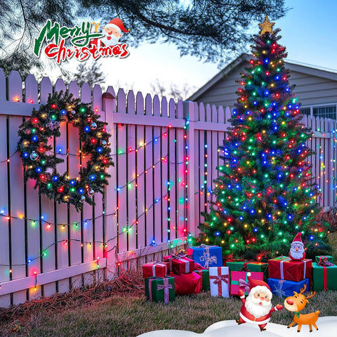 2 Pack Solar String Lights 100 LEDs Over 32.8 Feet Multicolor Waterproof Outdoor Decor For Garden Wedding Party Home Christmas Tree Curtains And More 8 Modes Solar Powered No Outlet Needed decorating a Christmas tree and fence outdoors.
