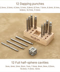 1 Inch Square Dapping Block With 12 Dapping Punches Set For Jewelry Making shown with wooden stand and steel punches