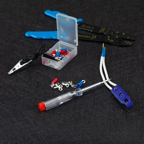 Electrical components from 122 Piece Auto Tool Kit Set With Ratchet And Socket Wrenches In Blue Blow Molded Case for DIY repairs