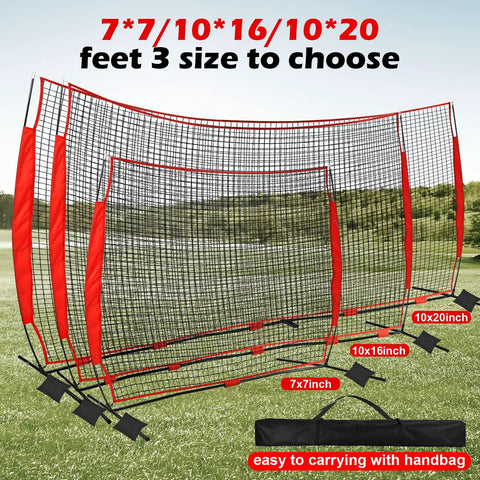 Multiple ball backstop nets in 7x7ft, 10x16ft, and 10x20ft sizes, with ground spikes and storage bag on a grassy field.