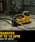 Cordless 20V Max Transfer Pump with 10 GPM Capacity in use, ultra lightweight pro grade pump for HVAC and refrigeration jobs.