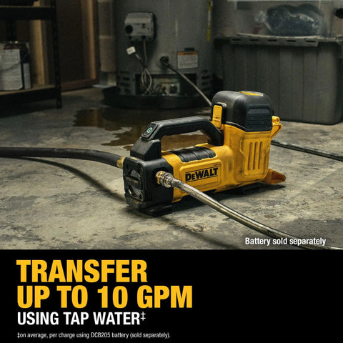 Cordless 20V Max Transfer Pump with 10 GPM Capacity in use, ultra lightweight pro grade pump for HVAC and refrigeration jobs.