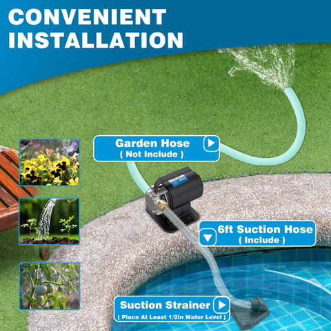 Portable Electric Water Transfer Pump 1/10 HP With Suction Hose Kit shown transferring water from pool.