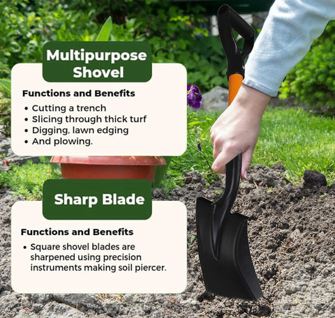 Person using Medium Square Shovel With D Cup Handle 27 Inch Length Durable Build Comfortable Grip in garden