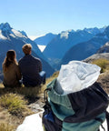 Backpack with Heavy Duty Nylon Pack Liner Bags 20 By 36 Inch 10 Pack, clear, in mountain setting, perfect for camping.