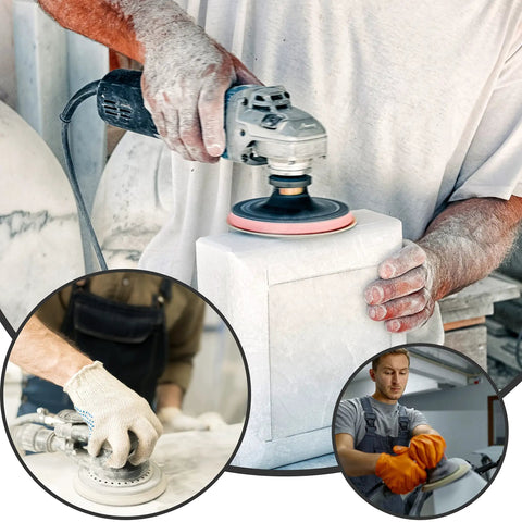 Person using 5 Inch Wet Dry Sanding Discs Hook And Loop 60 Pcs Silicon Carbide Grit 400 600 800 1000 1500 2000 For Automotive Wood Metal With Tack Cloth Orbital Sander Sandpaper Kit on stone sculpture