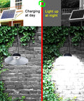 Lit 3000 Lumen Solar Shed Light Hanging Pendant For Indoor Outdoor Use IP66 Waterproof Dusk To Dawn Sensor Lamp showing day charging and night lighting on brick wall