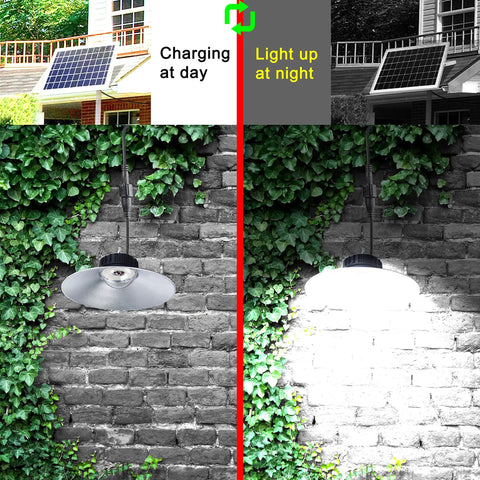 Lit 3000 Lumen Solar Shed Light Hanging Pendant For Indoor Outdoor Use IP66 Waterproof Dusk To Dawn Sensor Lamp showing day charging and night lighting on brick wall