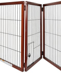 Extra Tall 62 Inch Wide Freestanding Wooden Pet Gate Three Panel Design With Small Pet Door, premium brown wood finish