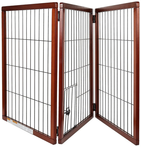 Extra Tall 62 Inch Wide Freestanding Wooden Pet Gate Three Panel Design With Small Pet Door, premium brown wood finish