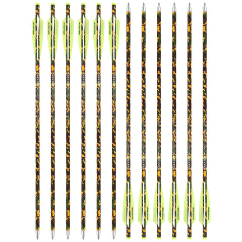 12 Pack 20 Inch Carbon Crossbow Bolts With Camouflage Shafts And 125 Grain Removable Tips lined up vertically