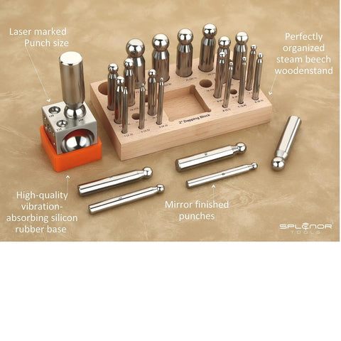 Dope 2 Inch Square Dapping Block With 24 Punch Set for jewelry making and metal forming, shown with wooden stand and rubber base