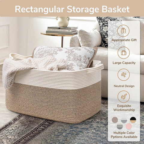 Oversized Woven Blanket Storage Basket, 21.6 Inch Long By 14.9 Inch Wide By 11.8 Inch High, 75L Capacity, placed in living room.