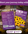 Top Shelf 10000 Black Eyed Susan Heirloom Flower Seeds For Planting packaging with planting instructions and care tips