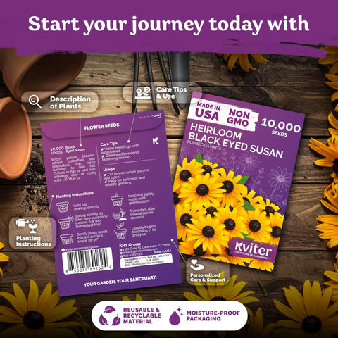 Top Shelf 10000 Black Eyed Susan Heirloom Flower Seeds For Planting packaging with planting instructions and care tips