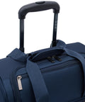 Smart underseat carry-on with USB charging, navy blue suitcase with retractable handle and zipper detail.