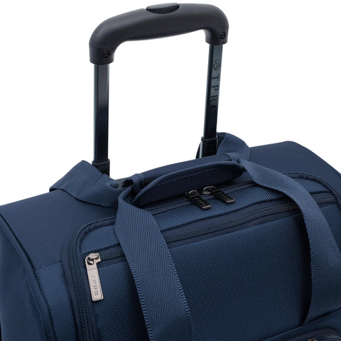 Smart underseat carry-on with USB charging, navy blue suitcase with retractable handle and zipper detail.