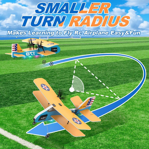 Beginner Friendly RC Plane With 6 Axis Gyro Stabilizer And 2 4Ghz Remote in flight showcasing turning radius, yellow, outdoor background